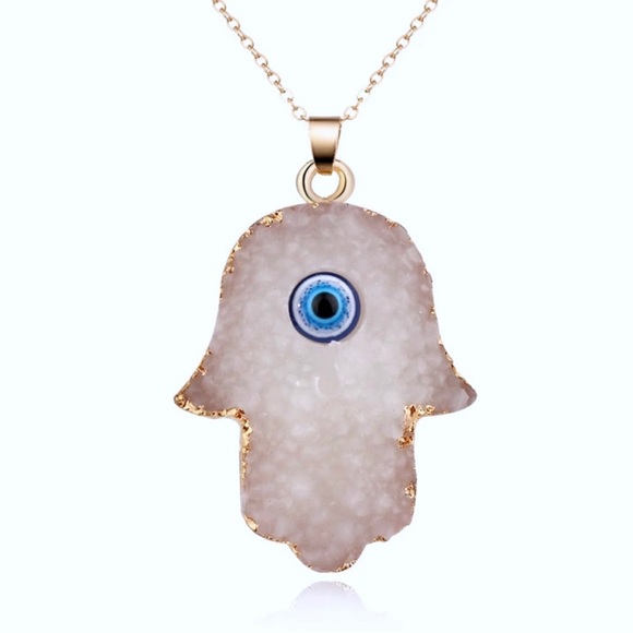 janets_boutique Jewelry - Hamsa Hand Evil Eye Druzy Necklace